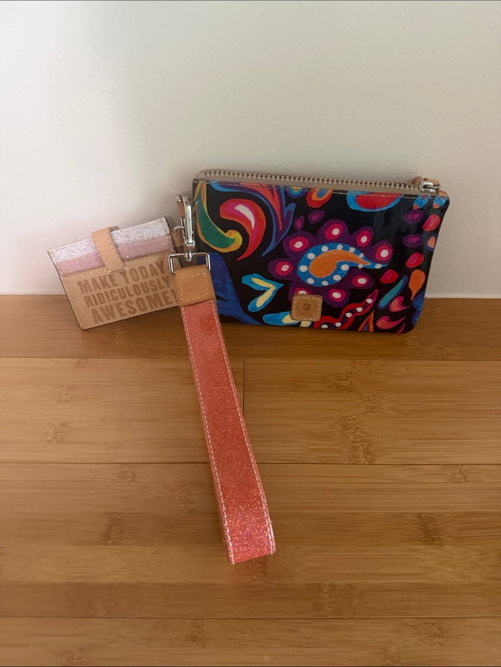 Consuela Paisley Wristlet Clutch with Coral Glitter Strap